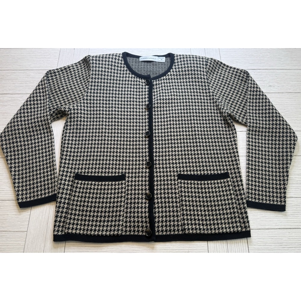 Vintage Karen Lessly Black Beige Houndstooth Classic Cardigan Pockets Career‎ M